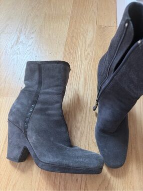 Prada Gray Suede Block Heel Ankle Boots